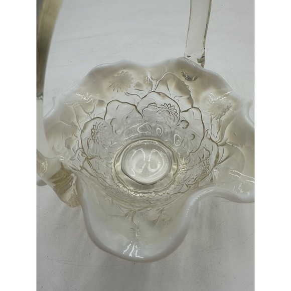 Fenton Handle Basket Bowl with Ruffled Edge Floral Pattern Opalescent Vintage - Picture 4 of 9